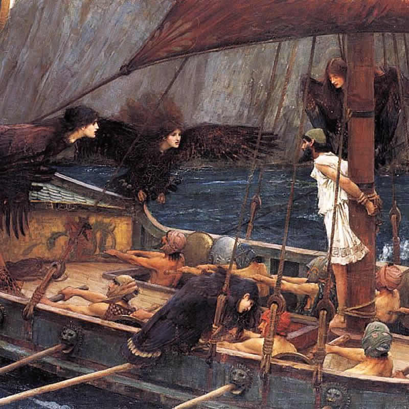 Ulysses bound to the mast as Sirens surround his ship in John William Waterhouse's 1891 painting Ulysses and the Sirens (Not on display at the Met)